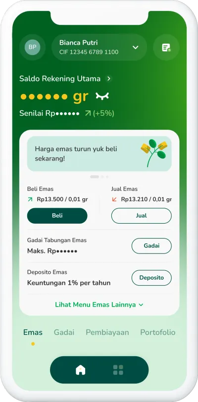 Mockup smartphone menampilkan aplikasi Tring untuk investasi emas digital